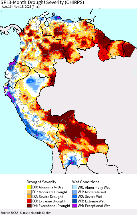 Northern South America SPI 3-Month Drought Severity (CHIRPS) Thematic Map For 8/16/2023 - 11/15/2023