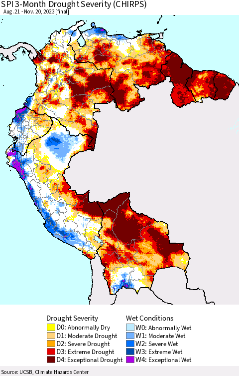 Northern South America SPI 3-Month Drought Severity (CHIRPS) Thematic Map For 8/21/2023 - 11/20/2023