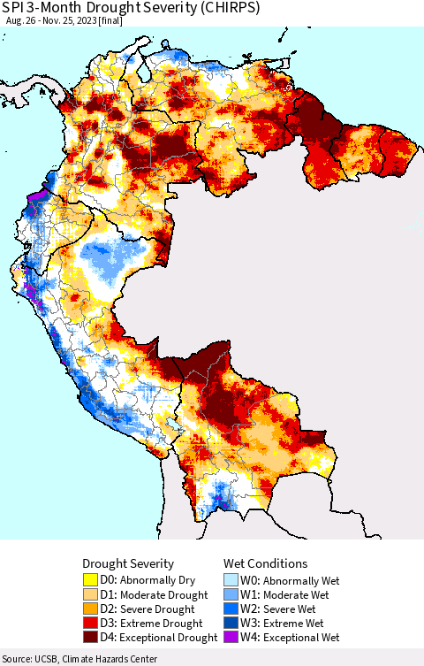 Northern South America SPI 3-Month Drought Severity (CHIRPS) Thematic Map For 8/26/2023 - 11/25/2023
