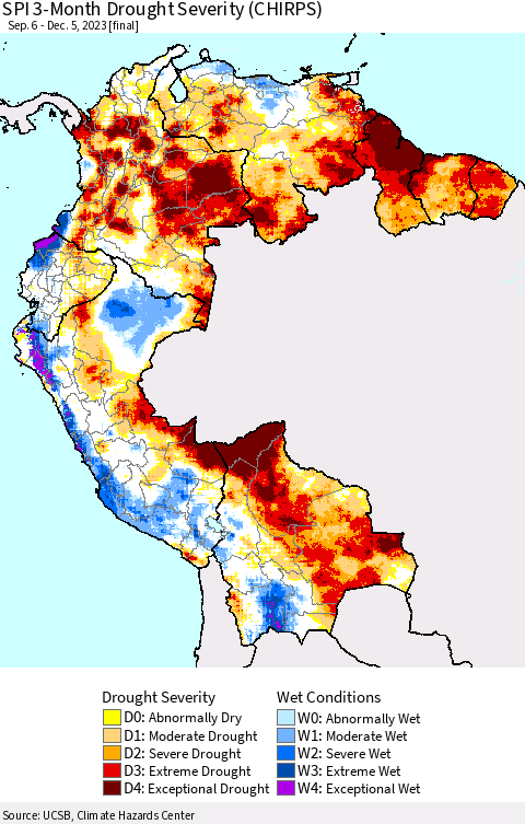 Northern South America SPI 3-Month Drought Severity (CHIRPS) Thematic Map For 9/6/2023 - 12/5/2023
