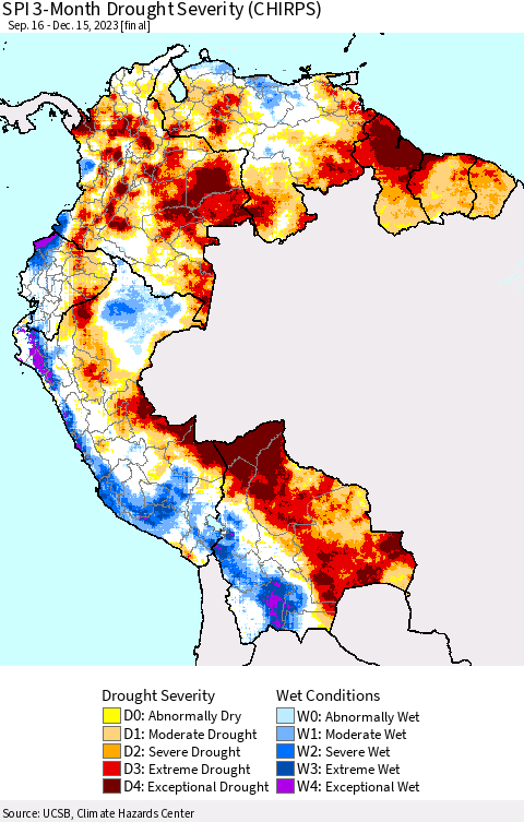 Northern South America SPI 3-Month Drought Severity (CHIRPS) Thematic Map For 9/16/2023 - 12/15/2023