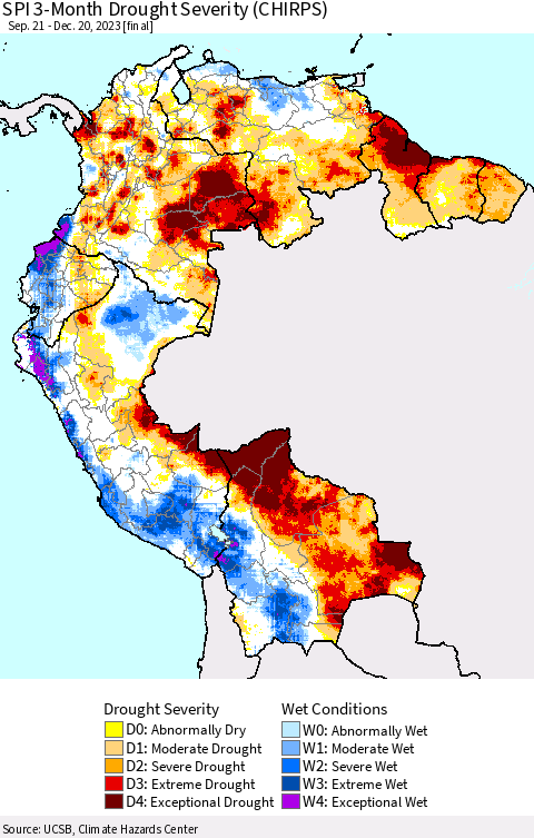 Northern South America SPI 3-Month Drought Severity (CHIRPS) Thematic Map For 9/21/2023 - 12/20/2023