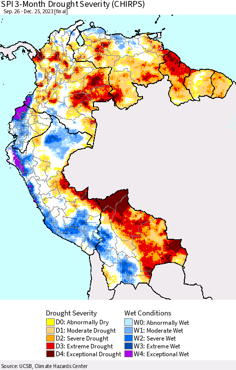 Northern South America SPI 3-Month Drought Severity (CHIRPS) Thematic Map For 9/26/2023 - 12/25/2023