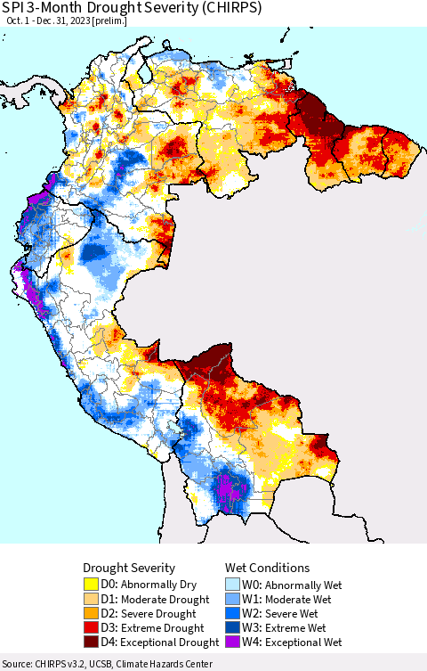 Northern South America SPI 3-Month Drought Severity (CHIRPS) Thematic Map For 10/1/2023 - 12/31/2023
