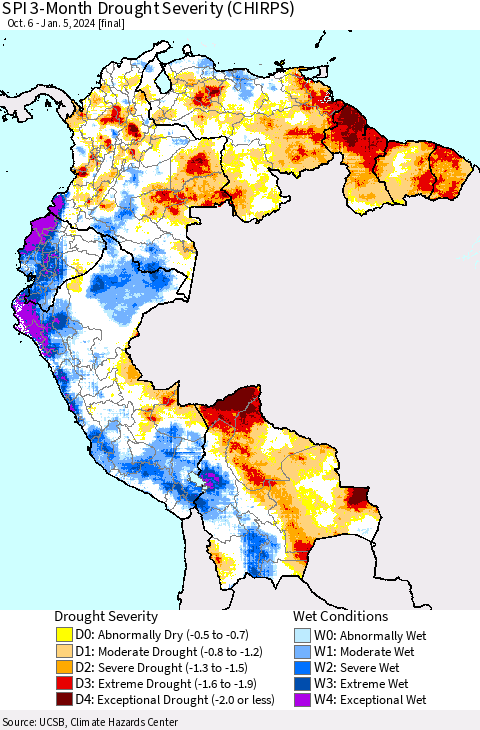 Northern South America SPI 3-Month Drought Severity (CHIRPS) Thematic Map For 10/6/2023 - 1/5/2024