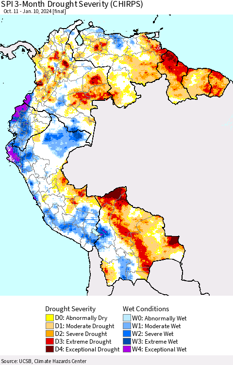 Northern South America SPI 3-Month Drought Severity (CHIRPS) Thematic Map For 10/11/2023 - 1/10/2024