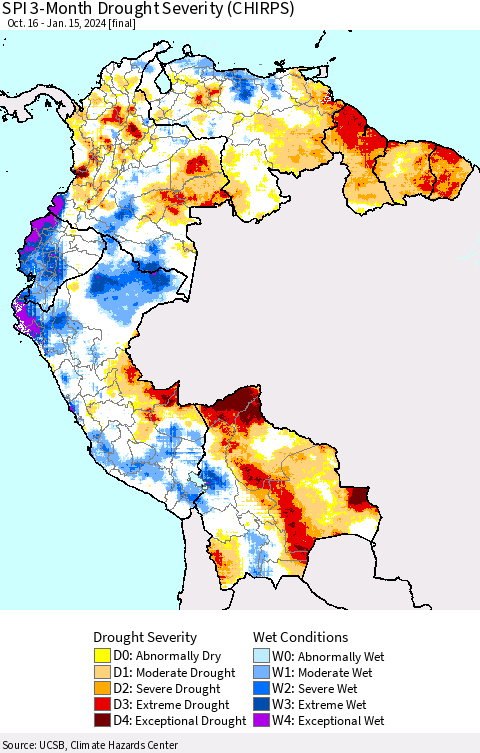 Northern South America SPI 3-Month Drought Severity (CHIRPS) Thematic Map For 10/16/2023 - 1/15/2024