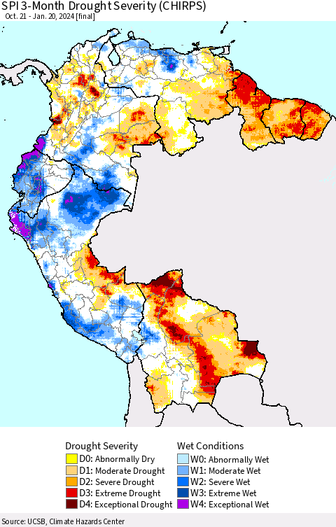 Northern South America SPI 3-Month Drought Severity (CHIRPS) Thematic Map For 10/21/2023 - 1/20/2024