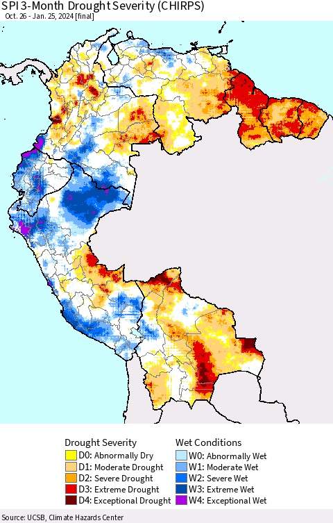 Northern South America SPI 3-Month Drought Severity (CHIRPS) Thematic Map For 10/26/2023 - 1/25/2024