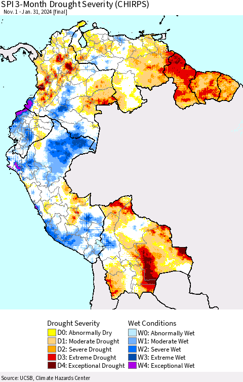 Northern South America SPI 3-Month Drought Severity (CHIRPS) Thematic Map For 11/1/2023 - 1/31/2024