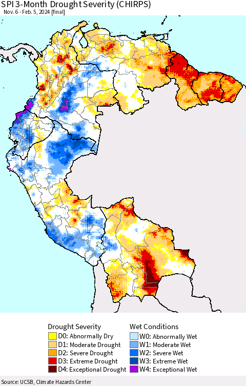 Northern South America SPI 3-Month Drought Severity (CHIRPS) Thematic Map For 11/6/2023 - 2/5/2024