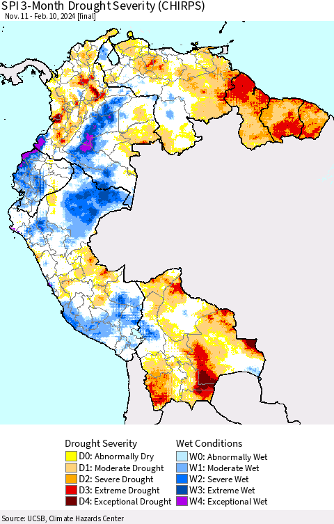 Northern South America SPI 3-Month Drought Severity (CHIRPS) Thematic Map For 11/11/2023 - 2/10/2024