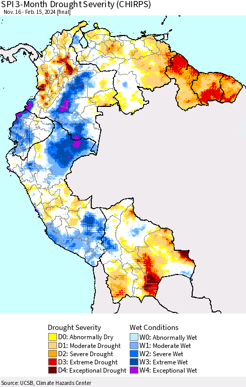 Northern South America SPI 3-Month Drought Severity (CHIRPS) Thematic Map For 11/16/2023 - 2/15/2024