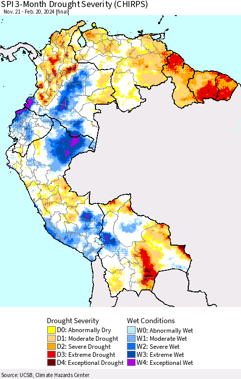 Northern South America SPI 3-Month Drought Severity (CHIRPS) Thematic Map For 11/21/2023 - 2/20/2024