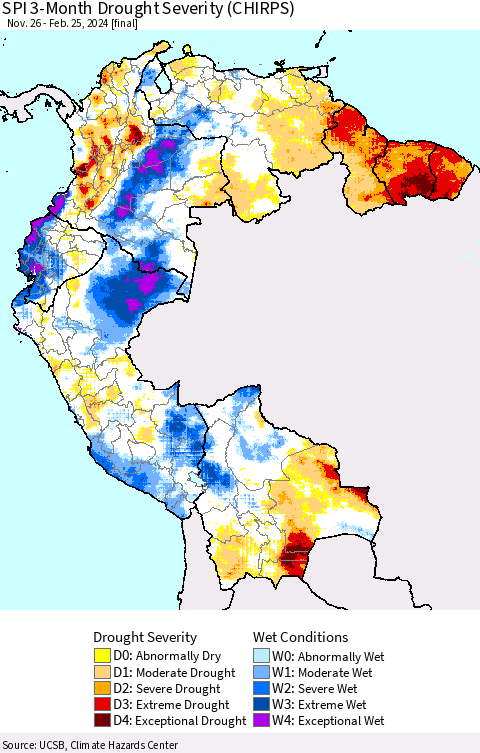 Northern South America SPI 3-Month Drought Severity (CHIRPS) Thematic Map For 11/26/2023 - 2/25/2024