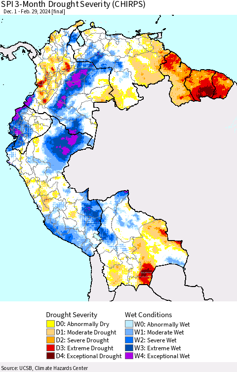 Northern South America SPI 3-Month Drought Severity (CHIRPS) Thematic Map For 12/1/2023 - 2/29/2024