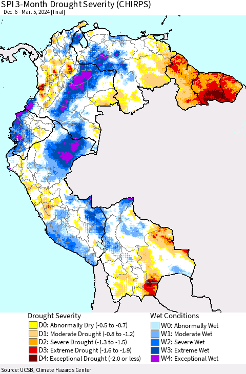 Northern South America SPI 3-Month Drought Severity (CHIRPS) Thematic Map For 12/6/2023 - 3/5/2024