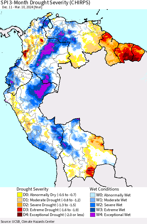 Northern South America SPI 3-Month Drought Severity (CHIRPS) Thematic Map For 12/11/2023 - 3/10/2024