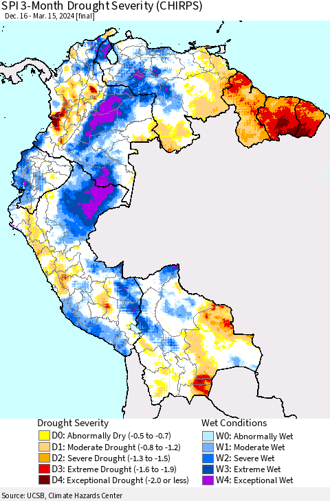 Northern South America SPI 3-Month Drought Severity (CHIRPS) Thematic Map For 12/16/2023 - 3/15/2024