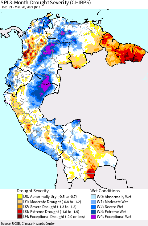 Northern South America SPI 3-Month Drought Severity (CHIRPS) Thematic Map For 12/21/2023 - 3/20/2024