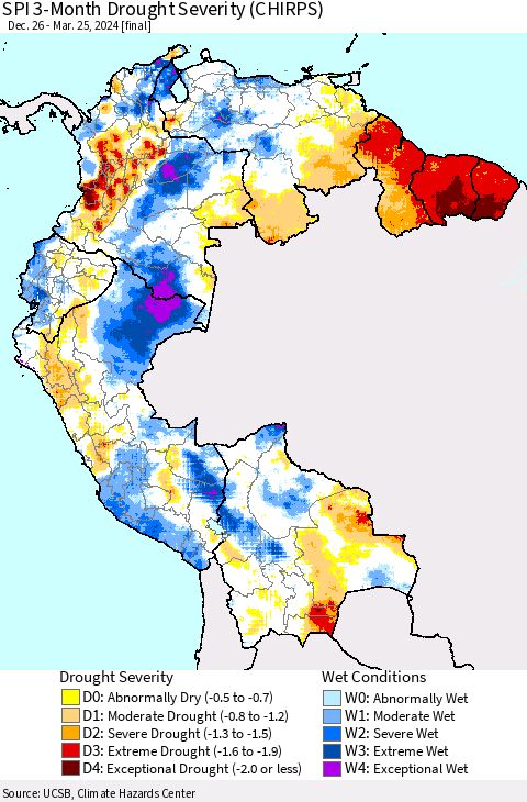 Northern South America SPI 3-Month Drought Severity (CHIRPS) Thematic Map For 12/26/2023 - 3/25/2024