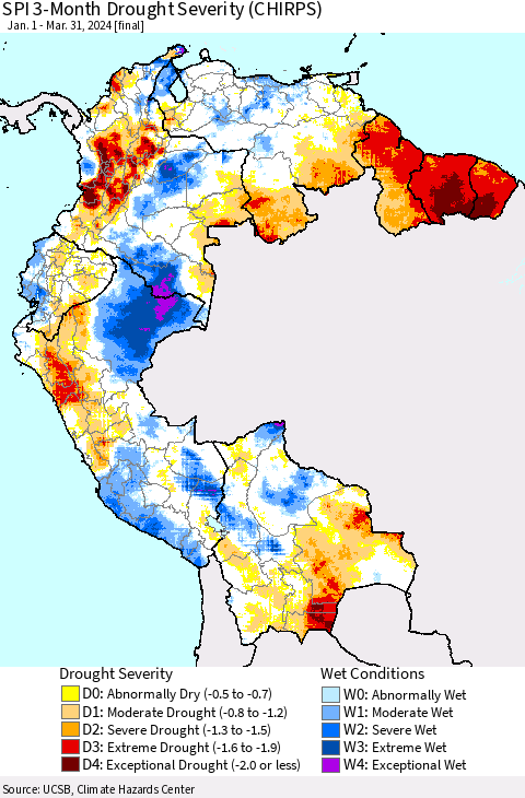 Northern South America SPI 3-Month Drought Severity (CHIRPS) Thematic Map For 1/1/2024 - 3/31/2024