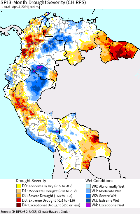 Northern South America SPI 3-Month Drought Severity (CHIRPS) Thematic Map For 1/6/2024 - 4/5/2024