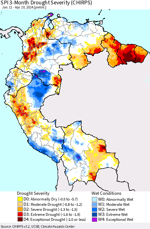 Northern South America SPI 3-Month Drought Severity (CHIRPS) Thematic Map For 1/11/2024 - 4/10/2024