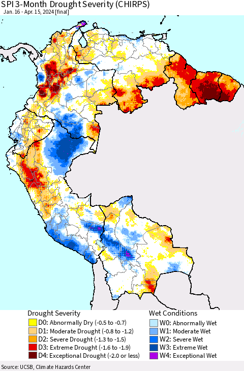 Northern South America SPI 3-Month Drought Severity (CHIRPS) Thematic Map For 1/16/2024 - 4/15/2024