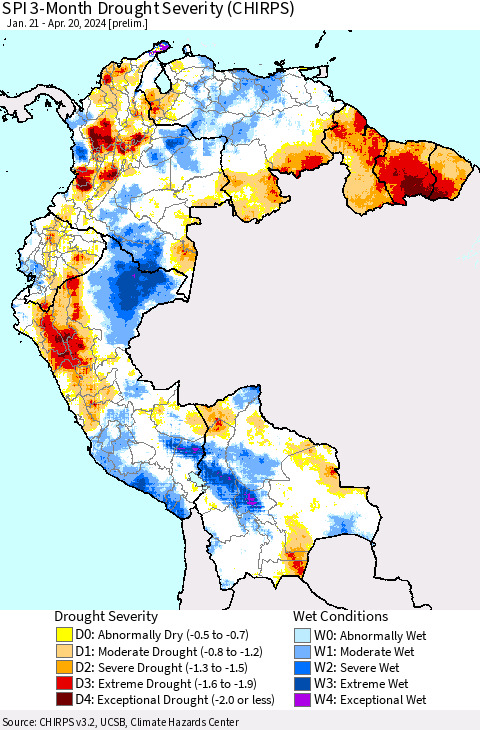 Northern South America SPI 3-Month Drought Severity (CHIRPS) Thematic Map For 1/21/2024 - 4/20/2024