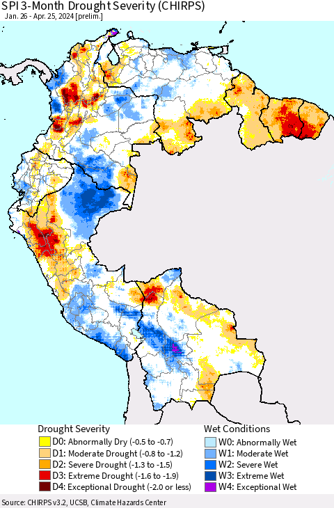 Northern South America SPI 3-Month Drought Severity (CHIRPS) Thematic Map For 1/26/2024 - 4/25/2024