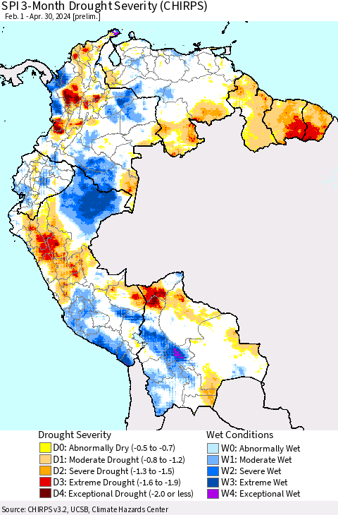 Northern South America SPI 3-Month Drought Severity (CHIRPS) Thematic Map For 2/1/2024 - 4/30/2024