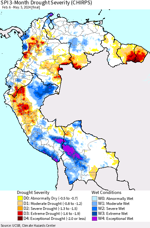 Northern South America SPI 3-Month Drought Severity (CHIRPS) Thematic Map For 2/6/2024 - 5/5/2024