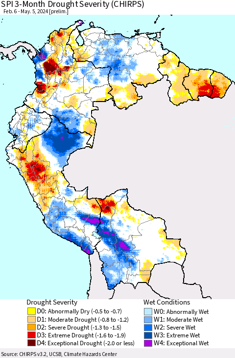 Northern South America SPI 3-Month Drought Severity (CHIRPS) Thematic Map For 2/6/2024 - 5/5/2024