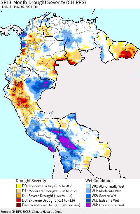 Northern South America SPI 3-Month Drought Severity (CHIRPS) Thematic Map For 2/11/2024 - 5/10/2024