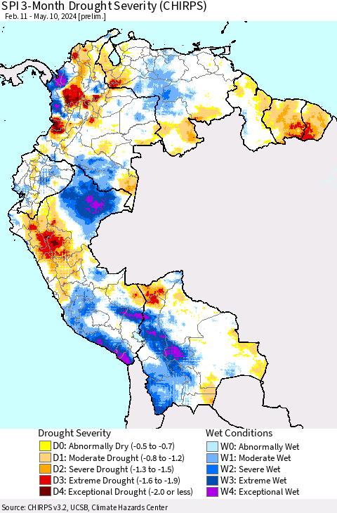 Northern South America SPI 3-Month Drought Severity (CHIRPS) Thematic Map For 2/11/2024 - 5/10/2024