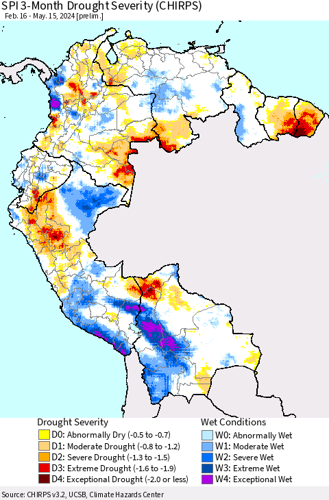 Northern South America SPI 3-Month Drought Severity (CHIRPS) Thematic Map For 2/16/2024 - 5/15/2024