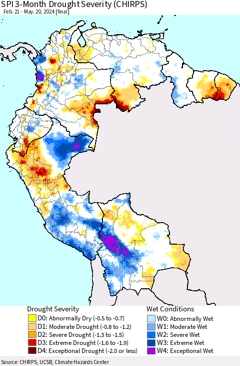 Northern South America SPI 3-Month Drought Severity (CHIRPS) Thematic Map For 2/21/2024 - 5/20/2024