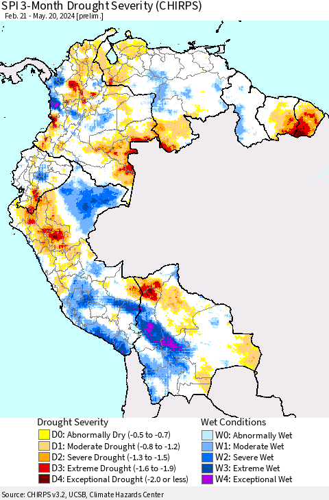 Northern South America SPI 3-Month Drought Severity (CHIRPS) Thematic Map For 2/21/2024 - 5/20/2024