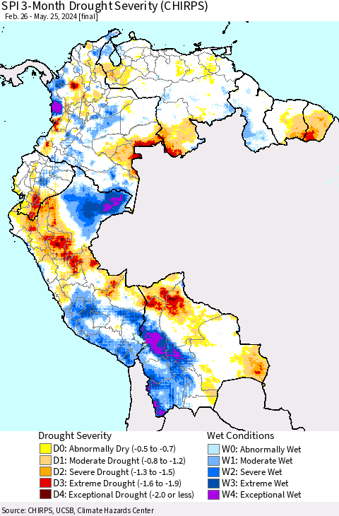 Northern South America SPI 3-Month Drought Severity (CHIRPS) Thematic Map For 2/26/2024 - 5/25/2024