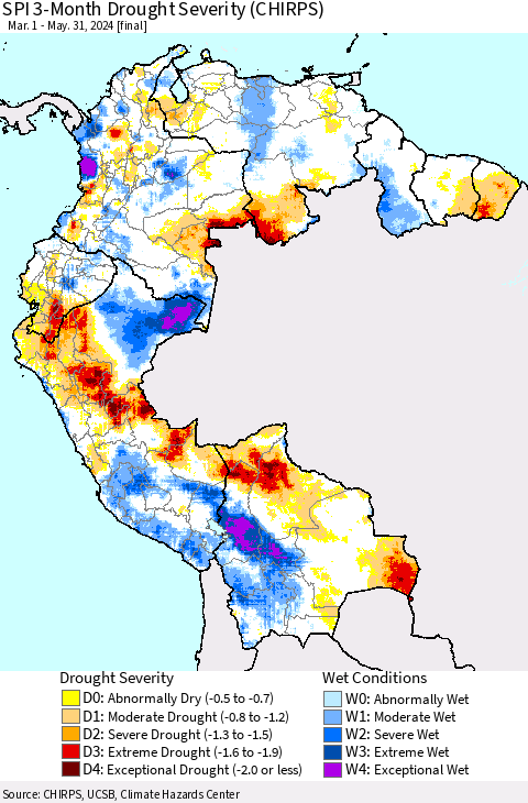 Northern South America SPI 3-Month Drought Severity (CHIRPS) Thematic Map For 3/1/2024 - 5/31/2024