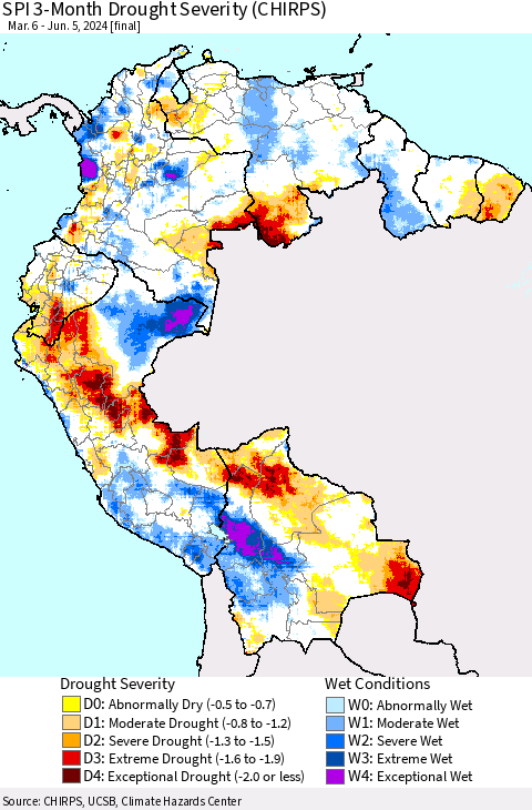 Northern South America SPI 3-Month Drought Severity (CHIRPS) Thematic Map For 3/6/2024 - 6/5/2024