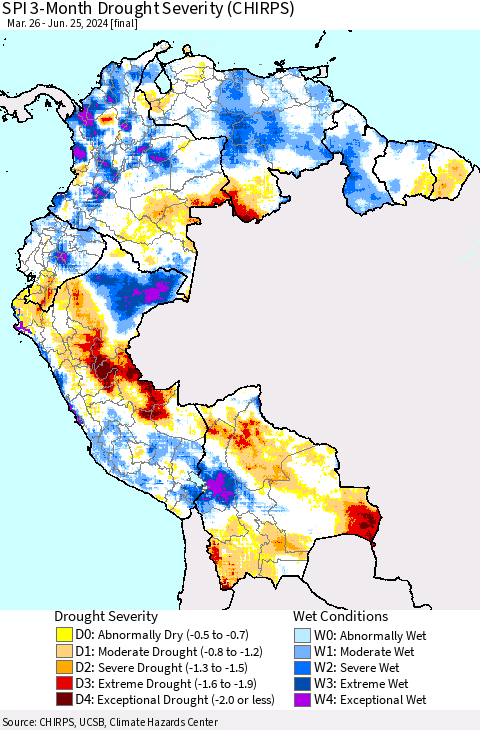 Northern South America SPI 3-Month Drought Severity (CHIRPS) Thematic Map For 3/26/2024 - 6/25/2024