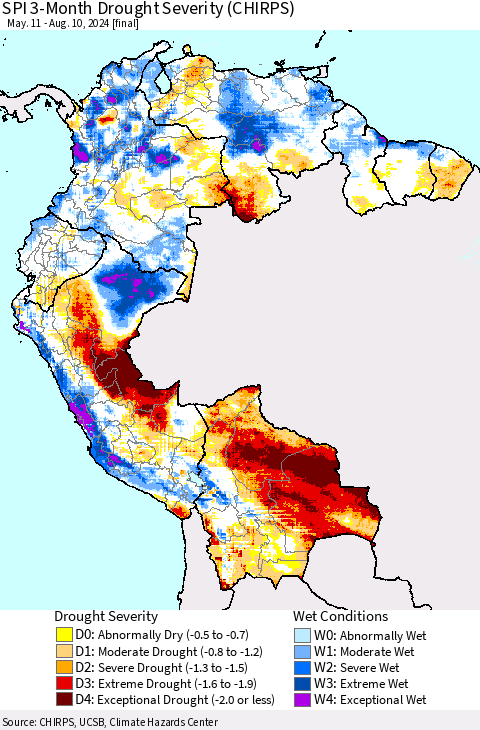 Northern South America SPI 3-Month Drought Severity (CHIRPS) Thematic Map For 5/11/2024 - 8/10/2024