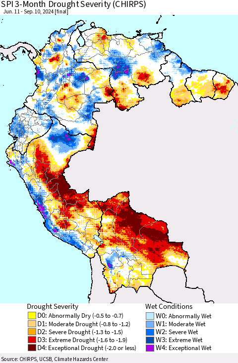 Northern South America SPI 3-Month Drought Severity (CHIRPS) Thematic Map For 6/11/2024 - 9/10/2024