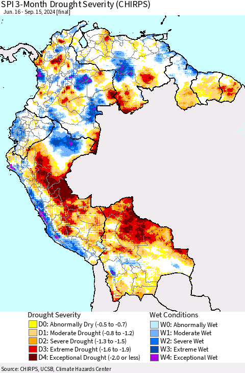 Northern South America SPI 3-Month Drought Severity (CHIRPS) Thematic Map For 6/16/2024 - 9/15/2024