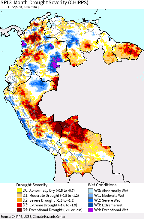 Northern South America SPI 3-Month Drought Severity (CHIRPS) Thematic Map For 7/1/2024 - 9/30/2024