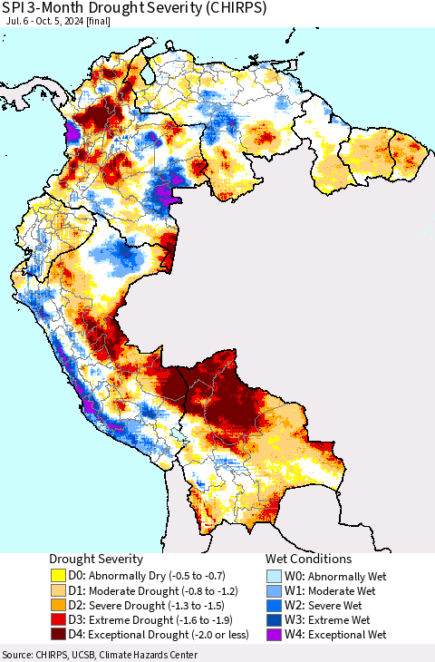 Northern South America SPI 3-Month Drought Severity (CHIRPS) Thematic Map For 7/6/2024 - 10/5/2024