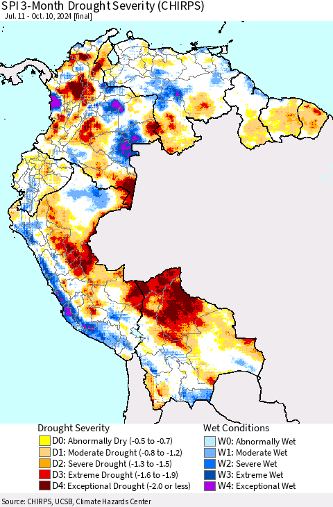 Northern South America SPI 3-Month Drought Severity (CHIRPS) Thematic Map For 7/11/2024 - 10/10/2024