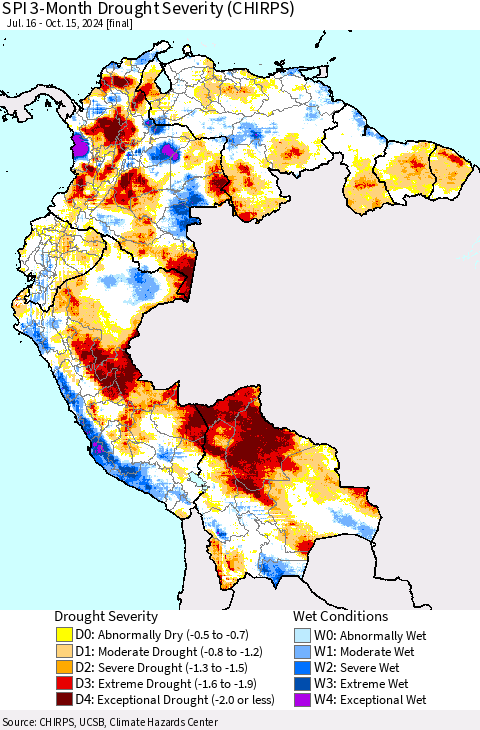 Northern South America SPI 3-Month Drought Severity (CHIRPS) Thematic Map For 7/16/2024 - 10/15/2024